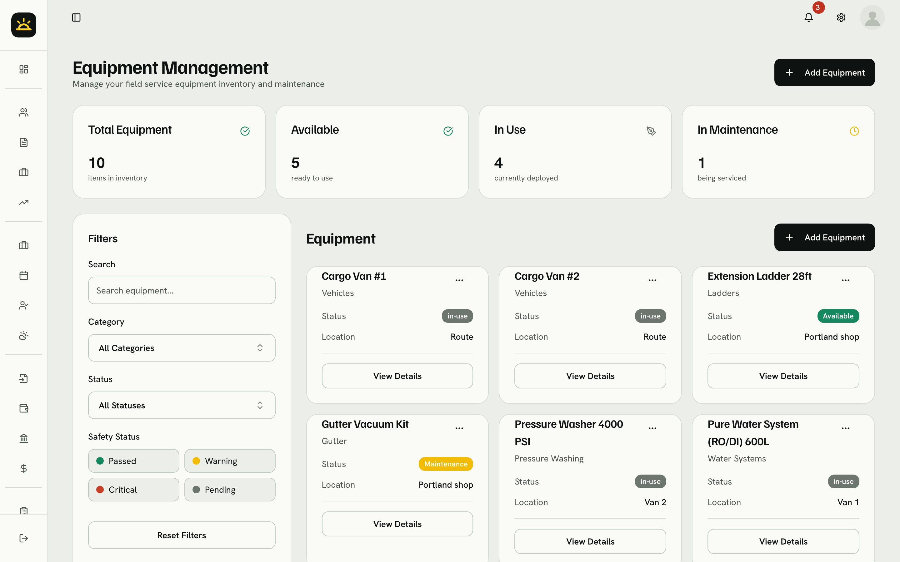 Equipment list with status and location