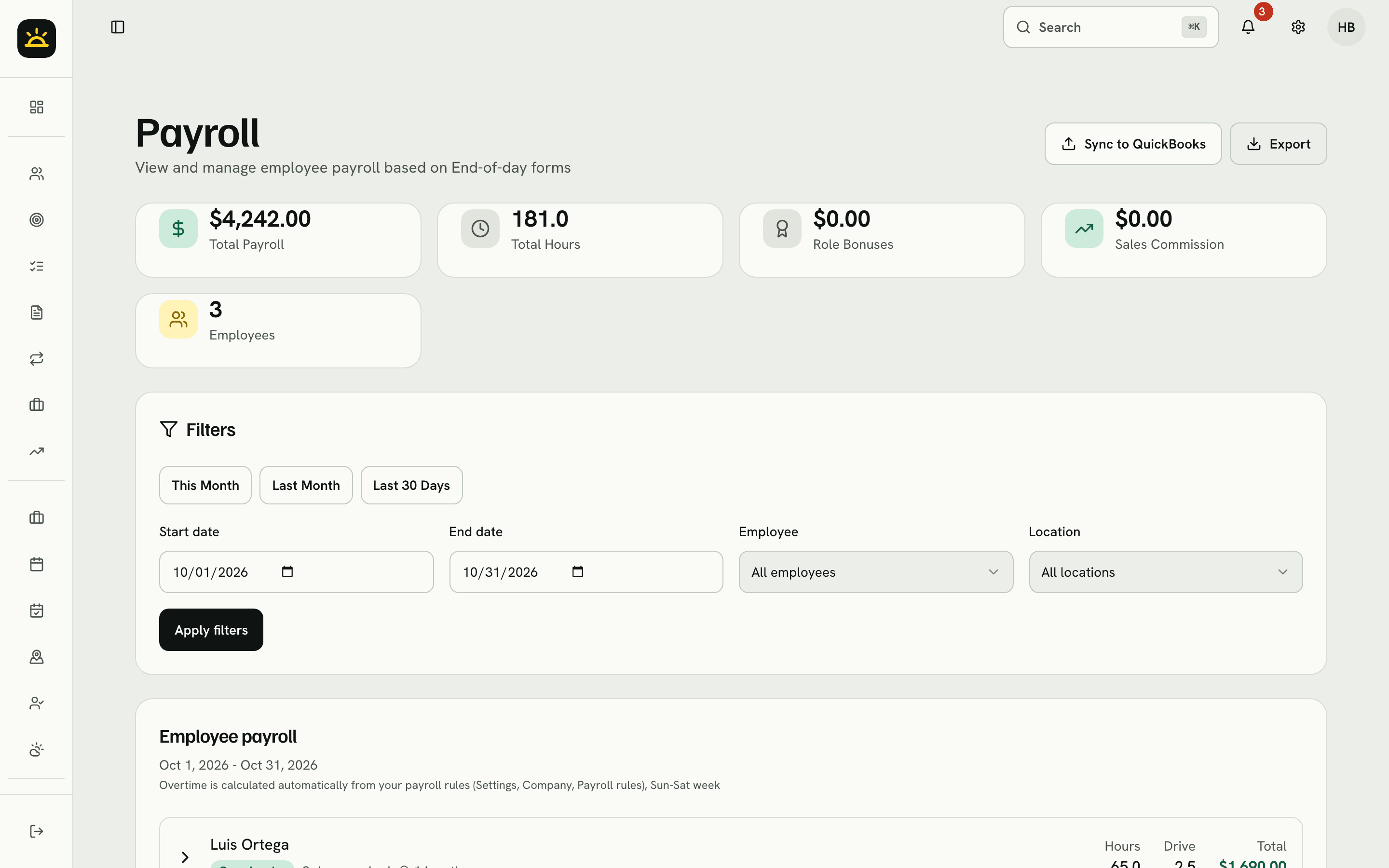 Payroll with hours, overtime and bonuses per employee